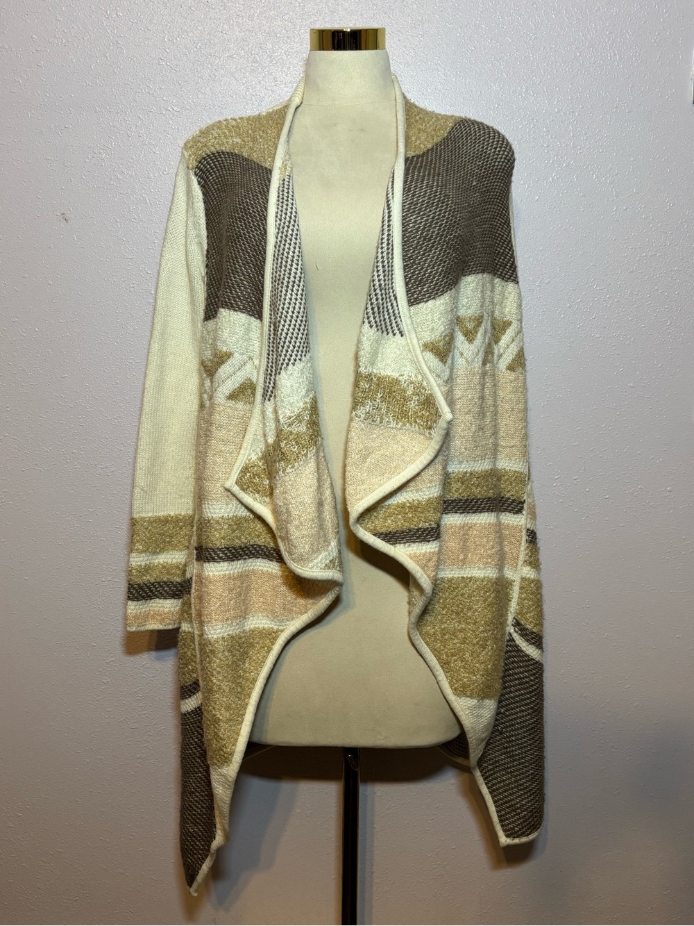Cato Open-Front Draped Cardigan in Cream, Tan & Brown